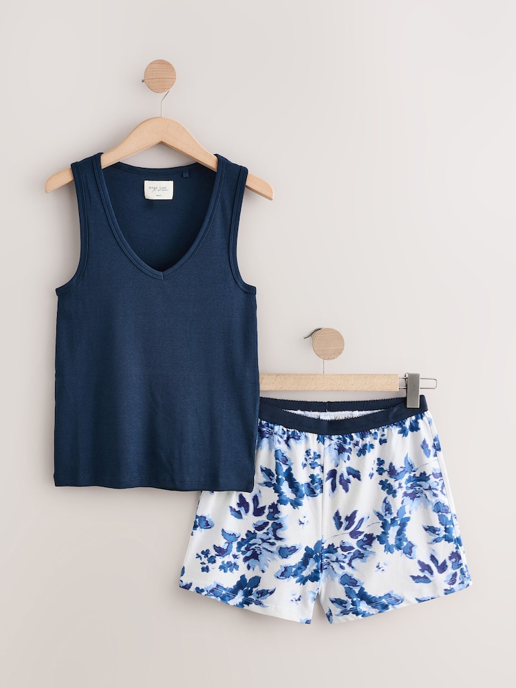 Blue Floral Cotton Rib Vest Short Set Pyjamas - Image 1 of 3