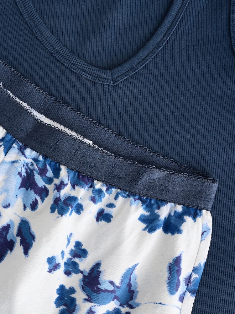 Blue Floral Cotton Rib Vest Short Set Pyjamas - Image 2 of 3