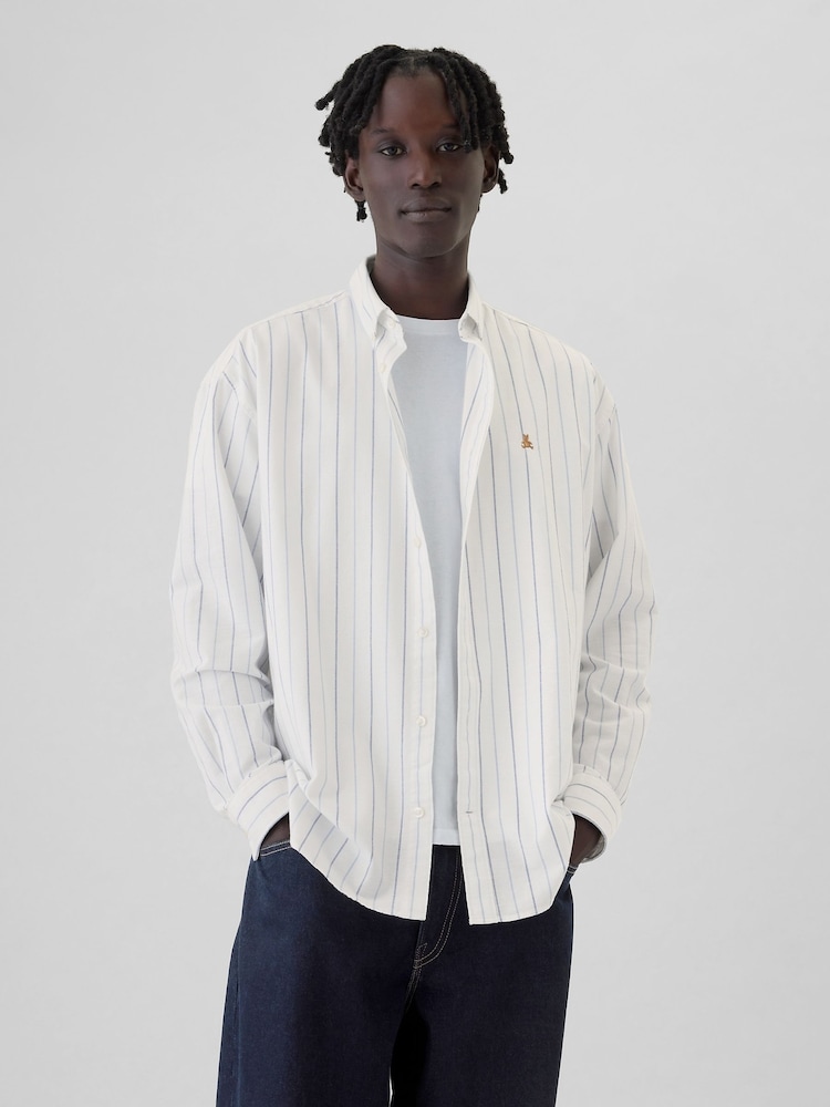Gap White Stripe Bear Long Sleeve Oxford Shirt - Image 1 of 5