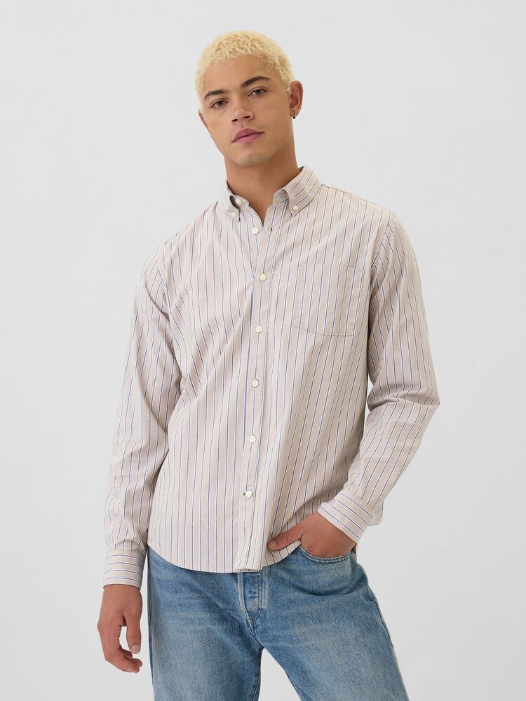 Gap Cream & Blue Regular Fit Long Sleeve Poplin Shirt - Image 1 of 5 Gap Cream & Blue Regular Fit Long Sleeve Poplin Shirt - Image 1 of 5