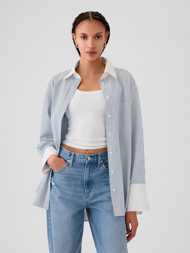 Gap Blue Cotton Oversized Stripe Shirt - Image 1 of 5 Gap Blue Cotton Oversized Stripe Shirt - Image 1 of 5