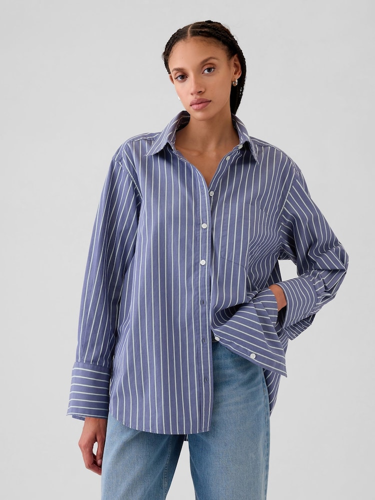 Gap Blue Stripe Cotton Oversized Stripe Shirt - Image 1 of 8 Gap Blue Stripe Cotton Oversized Stripe Shirt - Image 1 of 8