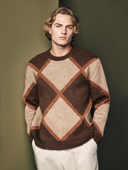 Marron argyle - Relaxed Fit Brushed Pattern Col rond Pull - Image 1 de 7