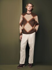 Marron argyle - Relaxed Fit Brushed Pattern Col rond Pull - Image 2 de 7