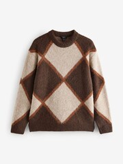 Marron argyle - Relaxed Fit Brushed Pattern Col rond Pull - Image 5 de 7