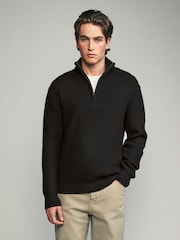 Black Regular Fit Lambswool Rich Rib Texture Zip-Neck Jumper - Image 1 of 7
