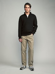 Black Regular Fit Lambswool Rich Rib Texture Zip-Neck Jumper - Image 2 of 7