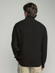 Black Regular Fit Lambswool Rich Rib Texture Zip-Neck Jumper - Image 3 of 7