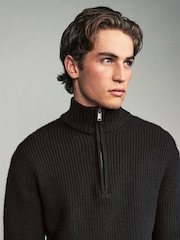 Black Regular Fit Lambswool Rich Rib Texture Zip-Neck Jumper - Image 4 of 7
