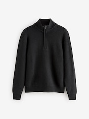 Black Regular Fit Lambswool Rich Rib Texture Zip-Neck Jumper - Image 5 of 7