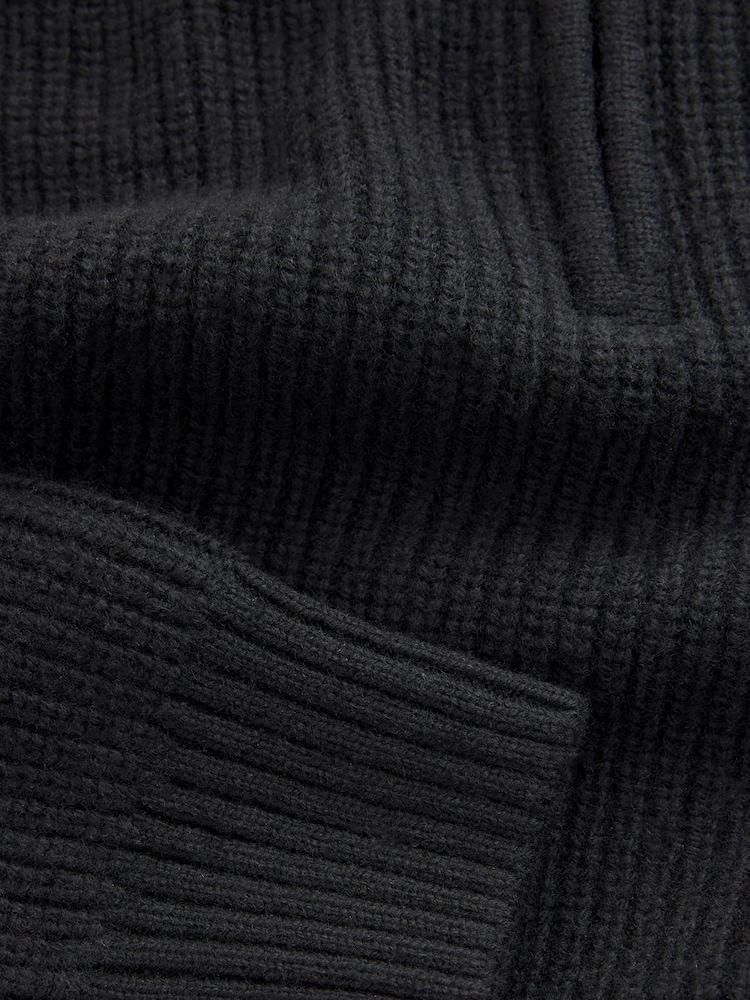 Black Regular Fit Lambswool Rich Rib Texture Zip-Neck Jumper - Image 7 of 7