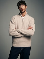 Neutral Regular Fit Lambswool Rich Rib Texture Zip-Neck Jumper - Image 1 of 7
