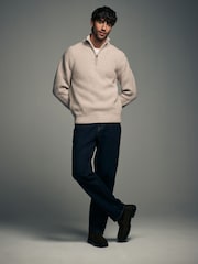 Neutral Regular Fit Lambswool Rich Rib Texture Zip-Neck Jumper - Image 2 of 7