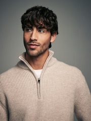 Neutral Regular Fit Lambswool Rich Rib Texture Zip-Neck Jumper - Image 4 of 7