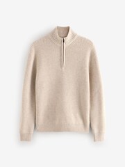 Neutral Regular Fit Lambswool Rich Rib Texture Zip-Neck Jumper - Image 5 of 7