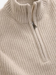 Neutral Regular Fit Lambswool Rich Rib Texture Zip-Neck Jumper - Image 6 of 7