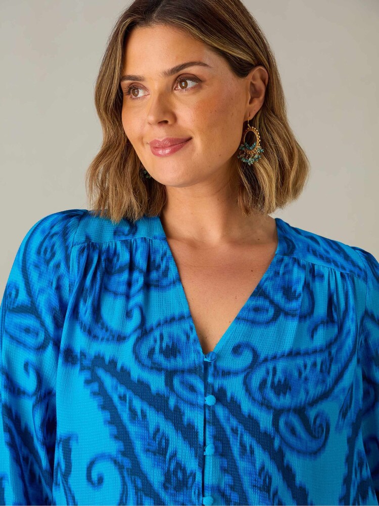 Live Unlimited Blue Petite Curve Paisley V-Neck Button Blouse - Image 2 of 3 Live Unlimited Blue Petite Curve Paisley V-Neck Button Blouse - Image 2 of 3