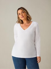 Live Unlimited White Curve 100% Cotton Slub V-Neck Long Sleeve T-Shirt - Image 1 of 3