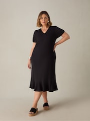 Live Unlimited Black Curve Jersey V-Neck Flute Hem Midi Dress - Image 1 of 3