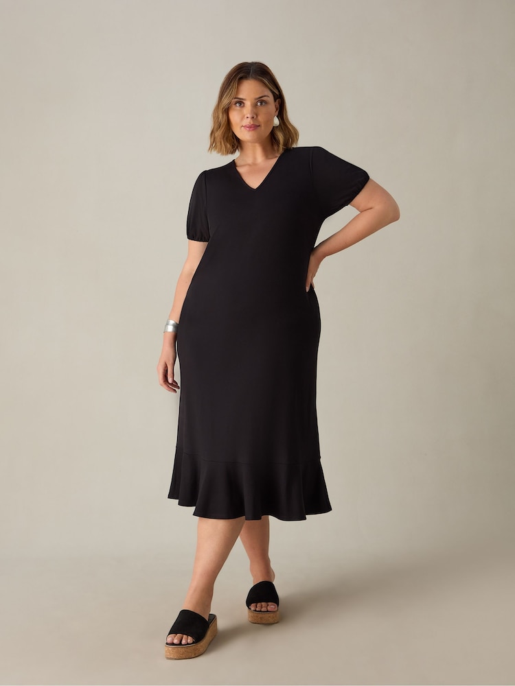 Live Unlimited Black Curve Jersey V-Neck Flute Hem Midi Dress - Image 1 of 3