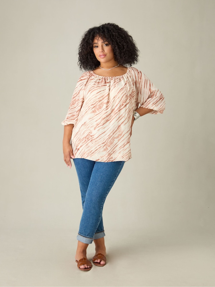 Live Unlimited Brown Curve Tie Dye Print Bardot Blouse - Image 1 of 4