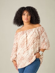 Live Unlimited Brown Curve Tie Dye Print Bardot Blouse - Image 2 of 4