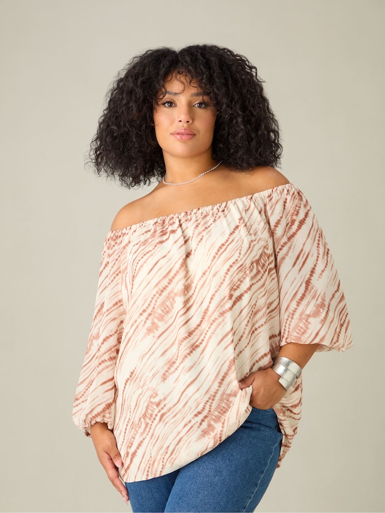 Live Unlimited Brown Curve Tie Dye Print Bardot Blouse - Image 2 of 4
