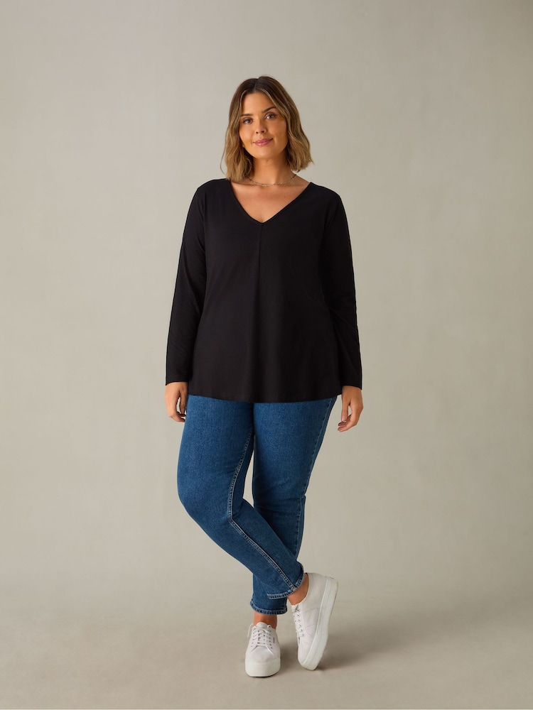 Live Unlimited Black Curve 100% Cotton Slub V-Neck Long Sleeve T-Shirt - Image 1 of 3
