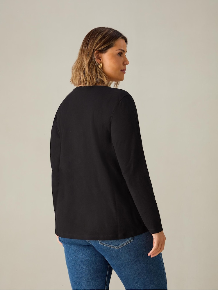 Live Unlimited Black Curve 100% Cotton Slub V-Neck Long Sleeve T-Shirt - Image 3 of 3