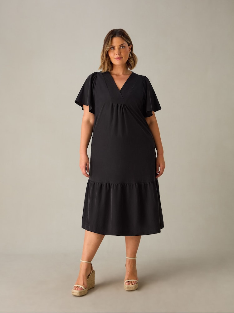 Live Unlimited Black Curve Ruffle Sleeve V-Neck Midi Dress - Image 1 of 3 Live Unlimited Black Curve Ruffle Sleeve V-Neck Midi Dress - Image 1 of 3