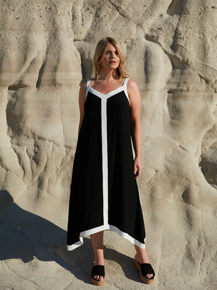Live Unlimited Black Chrome Curve Abstract Spot Colourblock Hanky Hem Midi Dress - Image 1 of 6