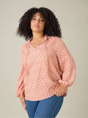 Live Unlimited Red Curve Geo Ruched Neck Blouse - Image 1 of 4