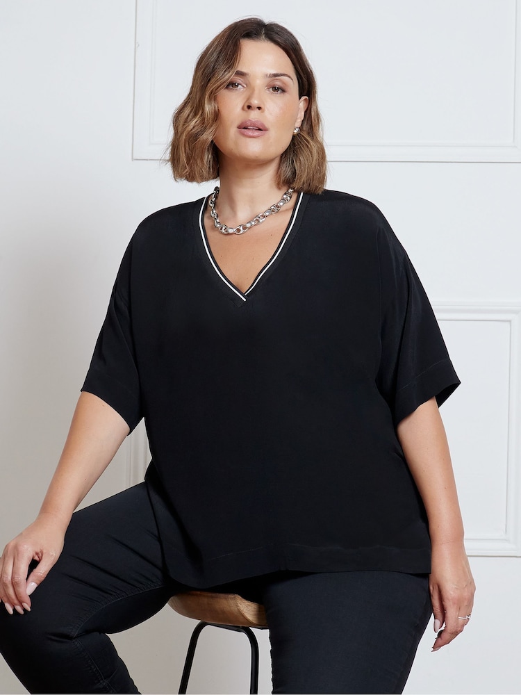 Live Unlimited Black Curve V-Neck Stripe Trim Top - Image 1 of 3