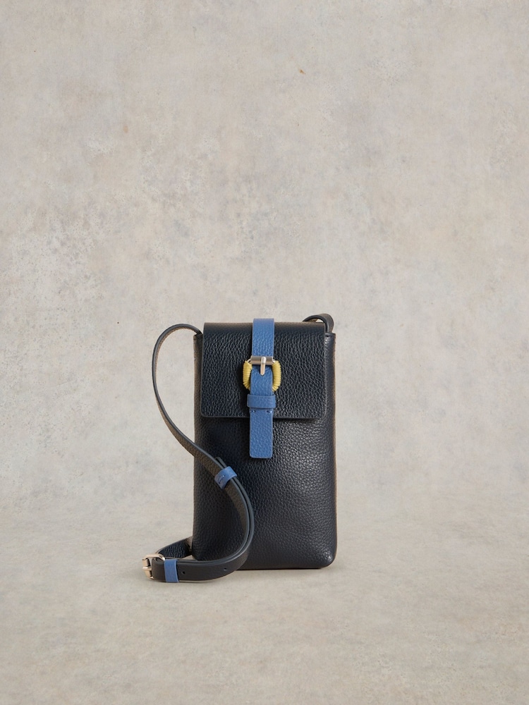 White Stuff Blue Clara Buckle Leather Phone Bag - Image 1 of 4