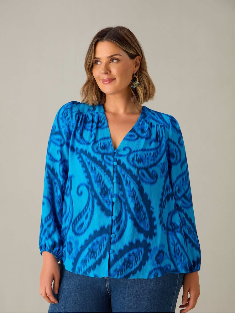 Live Unlimited Blue Curve Paisley V-Neck Button Blouse - Image 1 of 3 Live Unlimited Blue Curve Paisley V-Neck Button Blouse - Image 1 of 3