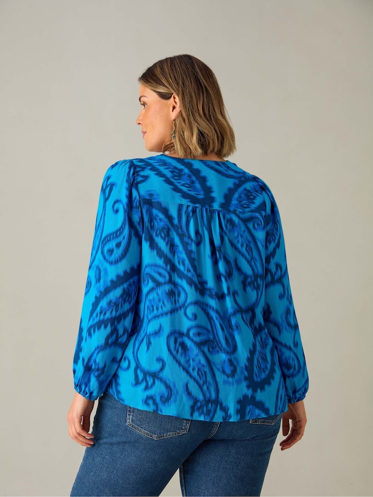 Live Unlimited Blue Curve Paisley V-Neck Button Blouse - Image 3 of 3 Live Unlimited Blue Curve Paisley V-Neck Button Blouse - Image 3 of 3