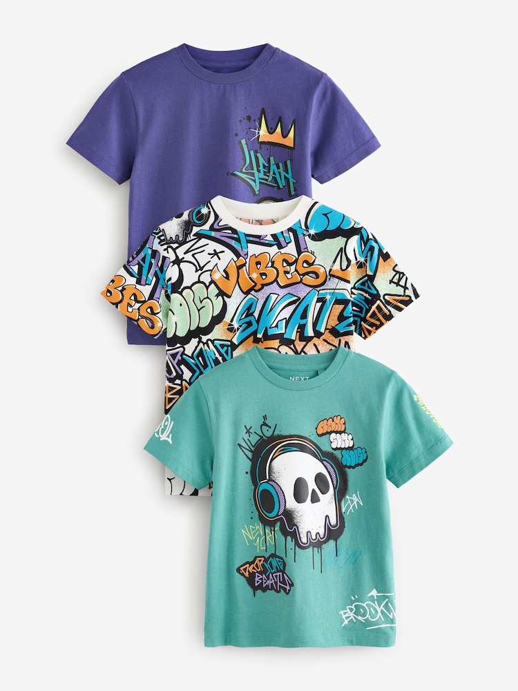 Purple/Green Regular Fit Graphic Short Sleeve 100% Cotton T-Shirts 3 Pack (3-16yrs) - Image 1 of 7