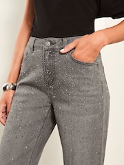 Lipsy Grey Diamante Petite Mid Rise Wide Leg Jeans - Image 1 of 1