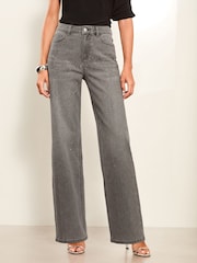 Lipsy Grey Diamante Petite Mid Rise Wide Leg Jeans - Image 1 of 4