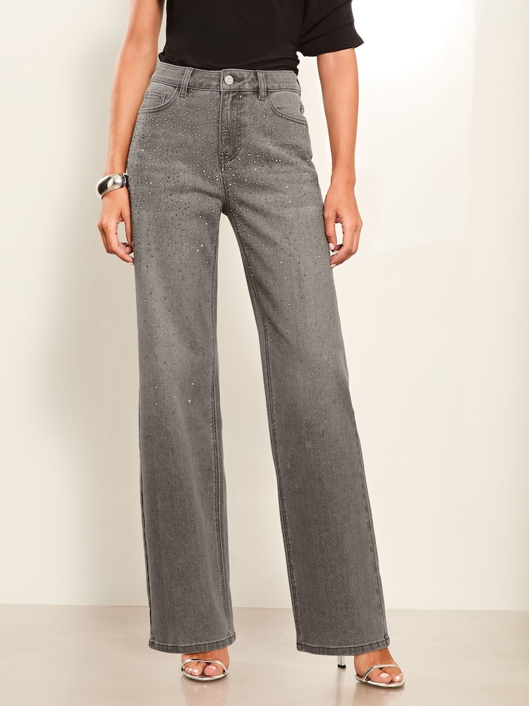 Lipsy Grey Diamante Petite Mid Rise Wide Leg Jeans - Image 1 of 4