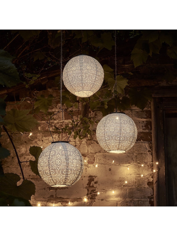Lights4fun Set of 3 White Tyvek Moroccan Hanging Outdoor Solar Lanterns - Image 2 of 2 Lights4fun Set of 3 White Tyvek Moroccan Hanging Outdoor Solar Lanterns - Image 2 of 2
