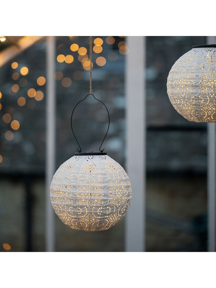 Lights4fun Set of 3 White Tyvek Moroccan Hanging Outdoor Solar Lanterns - Image 4 of 4 Lights4fun Set of 3 White Tyvek Moroccan Hanging Outdoor Solar Lanterns - Image 4 of 4