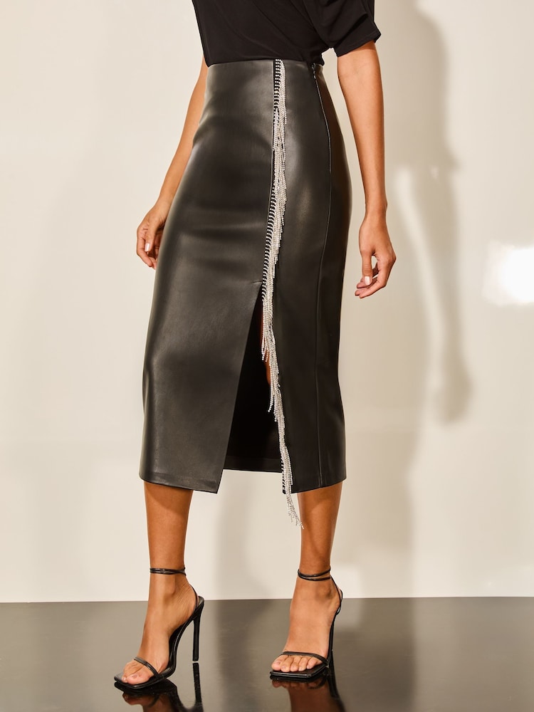 Lipsy Black Faux Leather Diamante Tassle Midi Skirt - Image 1 of 4