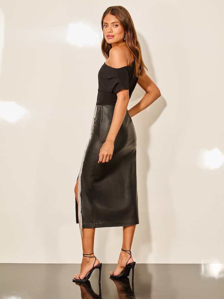 Lipsy Black Faux Leather Diamante Tassle Midi Skirt - Image 4 of 4 Lipsy Black Faux Leather Diamante Tassle Midi Skirt - Image 4 of 4