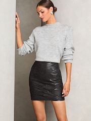 Lipsy Black Embroidered Faux Leather Mini Skirt - Image 2 of 4