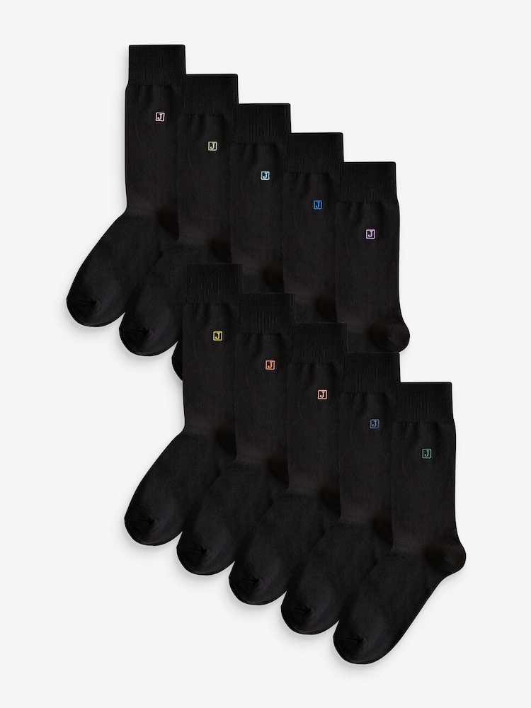Initials Black Embroidered Lasting Fresh Socks 10 Pack - Image 2 of 13