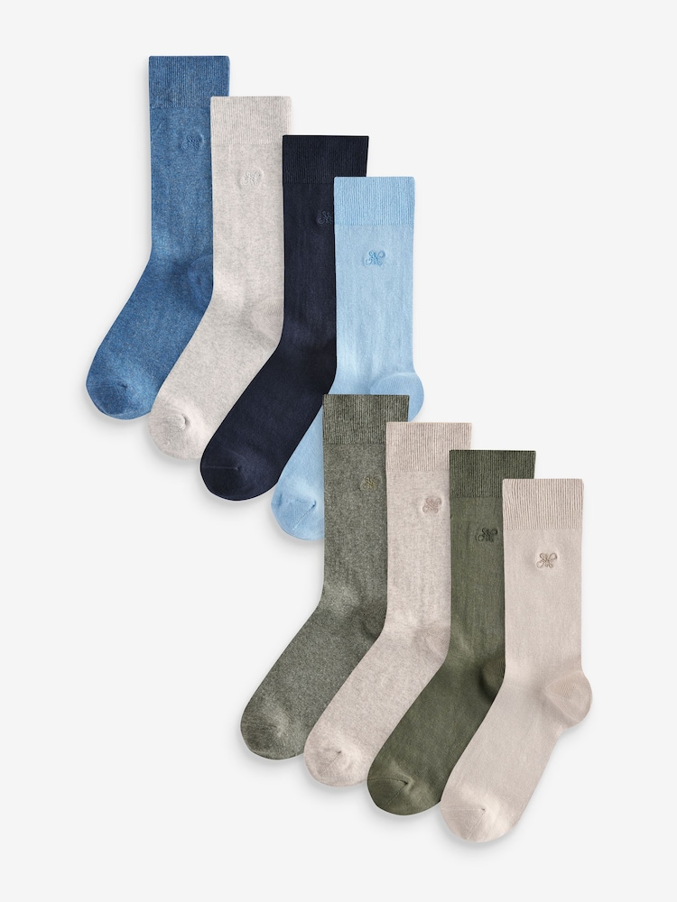 Blue/Grey/Green 8 Pack Embroidered Lasting Fresh Socks - Image 1 of 12