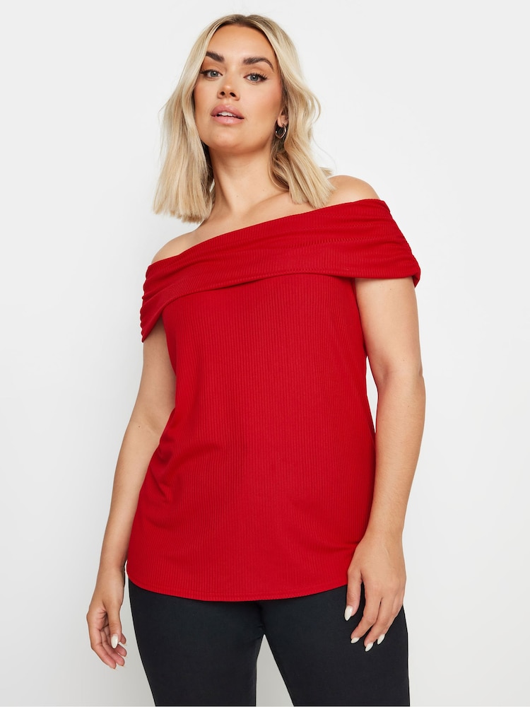 Yours Curve Red Deep Fold Bardot Top - Image 1 of 5