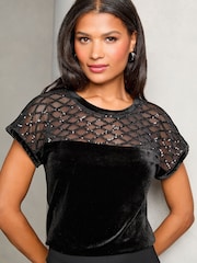Lipsy Black Velvet Yoke Detail T-Shirt - Image 1 of 4