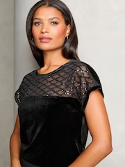 Lipsy Black Velvet Yoke Detail T-Shirt - Image 3 of 4